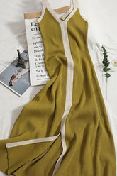 Robe longue fendue en tricot, col en V, bretelles, coupe trapèze, maxi, décontractée